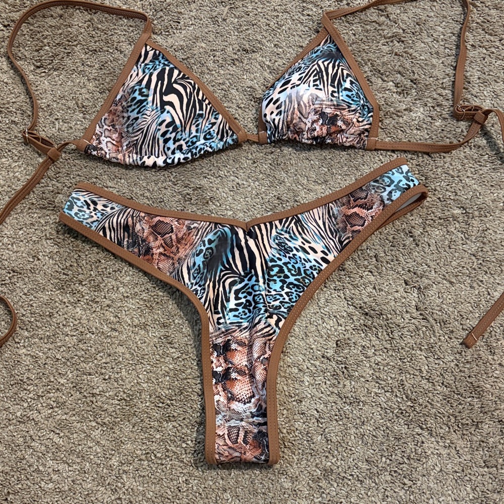 Animal Print Triangle Bikini Set in Brown and Teal